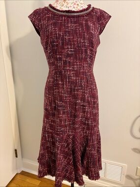 Canvas by Lands End Burgundy Wine Tweed Cap-Sleeve Knee-length Dress, Size 6